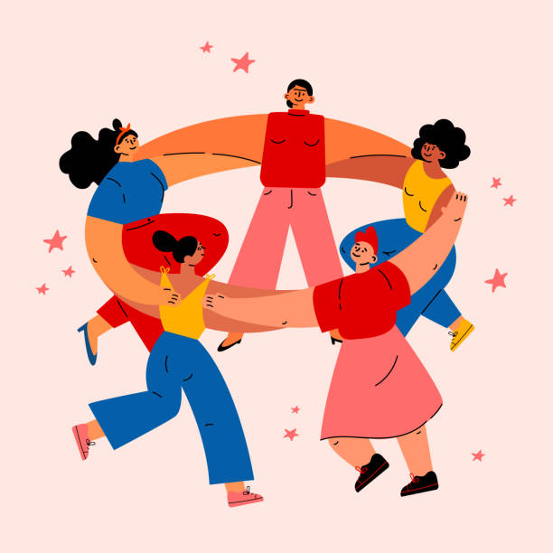 Feminism concept.Woman empowerment.Diverse people Feminism concept.Diverse international and interracial women dancing together in circle.Feminine and feminism ideas,woman empowerment.Cartoon characters.Colorful illustration on white background. people working together clip art stock illustrations