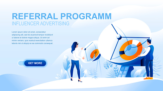 Referral program flat landing page with header. Influencer advertising website layout. Social media marketing strategy, product placement, promotion and advertisement banner vector template