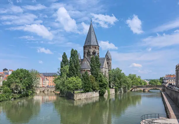 Metz, France. Temple Neuf (New Temple), a Protestant city church at the island of Petit-Saulcy on the Moselle river. The church was built in 1901-1904 in the Neo-Romanesque style.