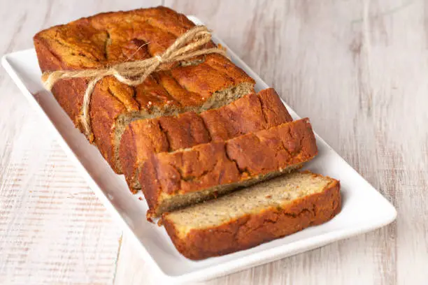 Gluten free banana bread for special diet on white plate