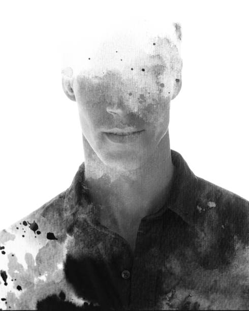 Paintography portrait of an attractive man combined with an abstract ink painting