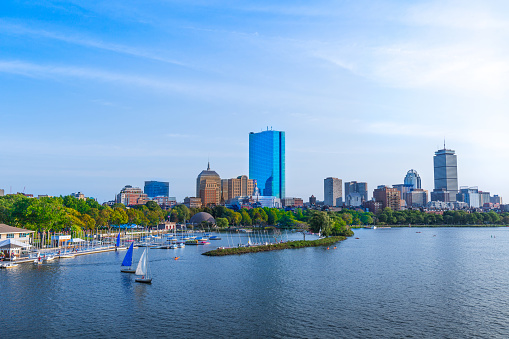Boston, Ma, USA-20 October, 2019: Panoramic view of Boston downtown and historic center from the landmark Longfellow bridge over Charles River