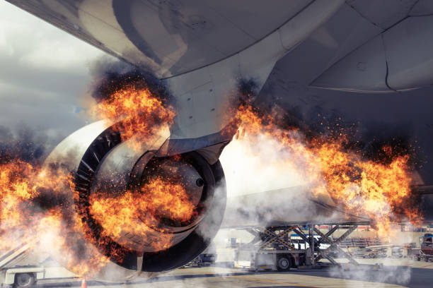 istock Grounded plane in the airport experiencing a catastrophic failure event caused by burning engine, fire and smoke 1197731349