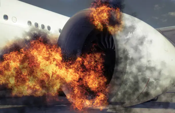 Photo of Grounded plane in the airport experiencing a catastrophic failure event caused by burning engine, fire and smoke
