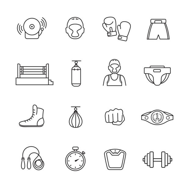 권투 얇은 선 아이콘 - weights boxing glove stopwatch symbol stock illustrations