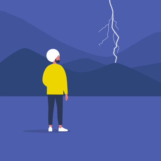 ilustrações de stock, clip art, desenhos animados e ícones de thunderstorm, weather and nature. young indian male character looking at the lightning, flat vector illustration - asian background flash