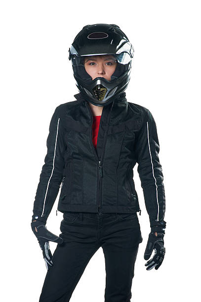 mujer en ropa de motociclismo - motorcycle women helmet sensuality fotografías e imágenes de stock