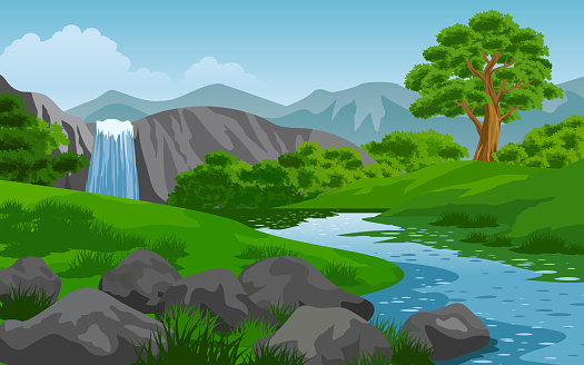 Beautiful rural nature landscape with waterfall and river
