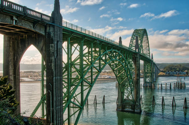 istock Long concrete and green half through green strutted arched bridge 1197750907