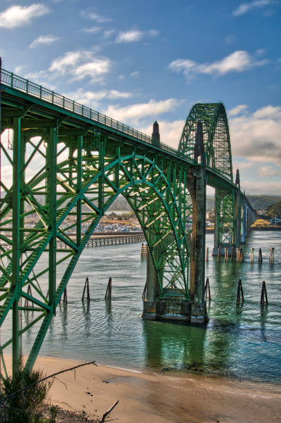 istock Long concrete and green half through green strutted arched bridge 1197750922