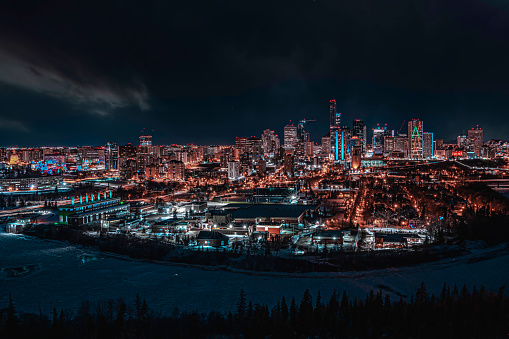 Panoramic view of downtown night lights before Christmas in Edmonton, Alberta, Canada.