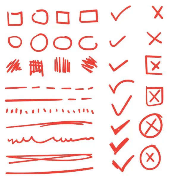 Vector illustration of Doodle check marks and underlines. Hand drawn red strokes and pen markings V marks for list items vector