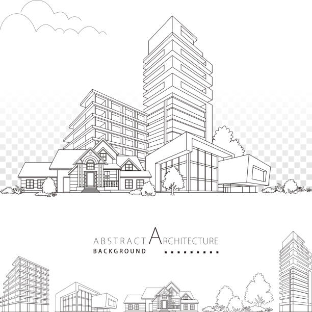 3D illustration Architecture Building Decorative Design. 3D illustration black and white architecture drawing, modern architecture building decorative design,  abstract urban landscape. cityscape drawings stock illustrations