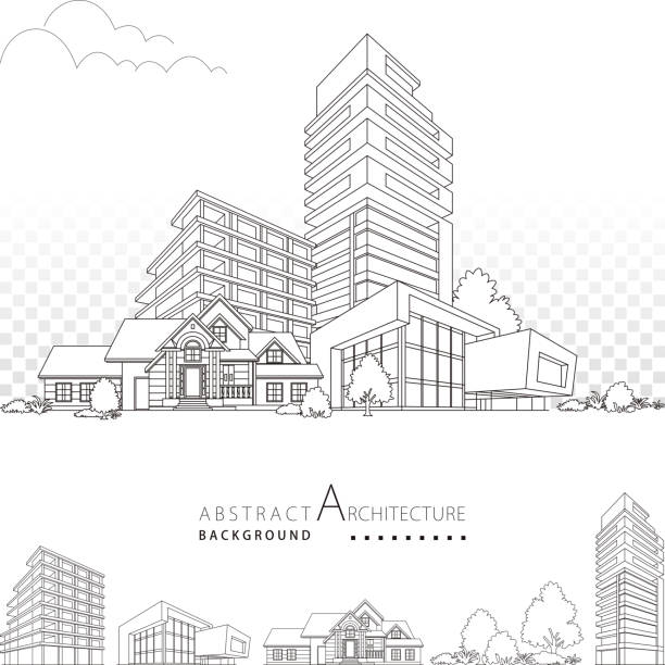 3D illustration Architecture Building Decorative Design. 3D illustration black and white architecture drawing, modern architecture building decorative design,  abstract urban landscape. architecture and buildings stock illustrations