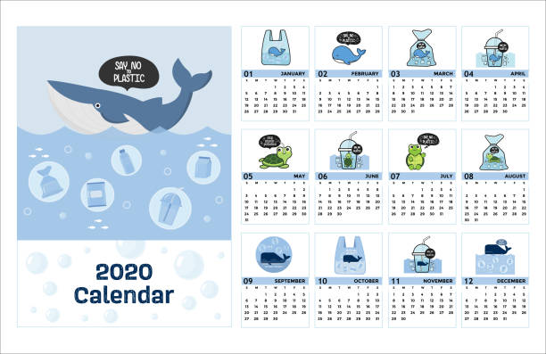 stockillustraties, clipart, cartoons en iconen met kleurrijke leuke maandelijkse kalender 2020 met walvis zeggen geen plastic cartoon. - green friday
