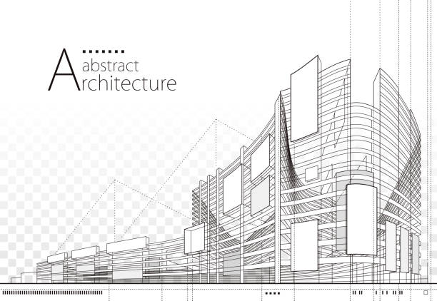 3D illustration Abstract Architecture Building Line Drawing. - ilustração de arte vetorial