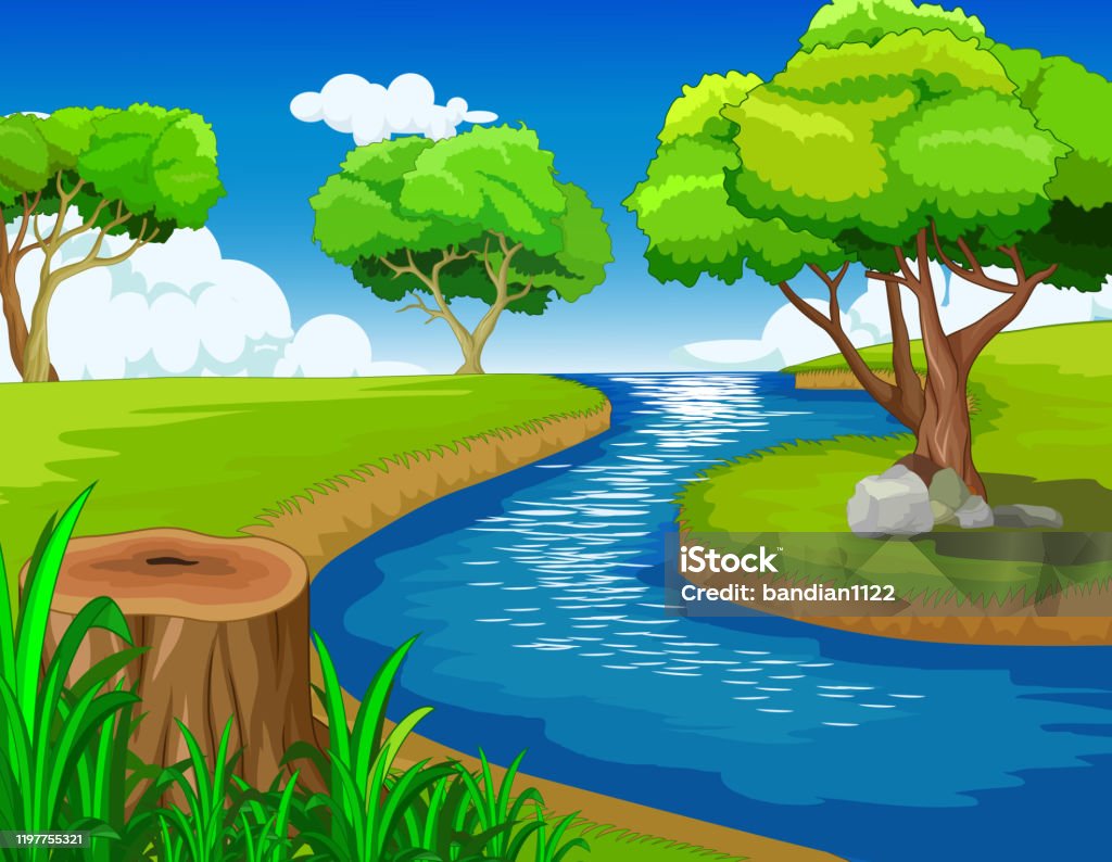 Beautiful Landscape River Trees And Grass Field View Cartoon Stock  Illustration - Download Image Now - iStock
