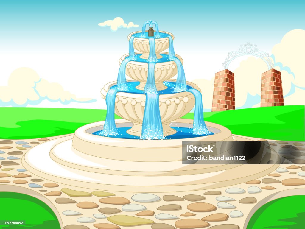 Beautiful Landscape Grass Field View With Water Fountain Cartoon Stock  Illustration - Download Image Now - iStock