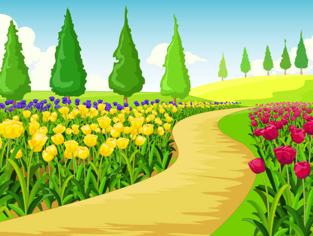 Beautiful Flower Garden Field With Grass Hill And Trees Cartoon Stock Illustration - Download Image Now - iStock Beautiful Flower Garden Field With Grass Hill And Trees Cartoon Stock Illustration - Download Image Now - iStock