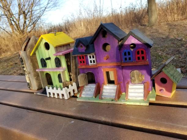 istock Colorful painted tiny birdhouse community on park bench 1197757424