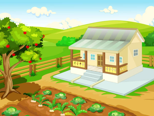 Cool Landscape Farm Field In Village With House Cartoon Stock Illustration  - Download Image Now - iStock