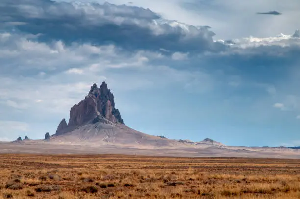Shiprock as seen on a cloudy and overcast day in San Juan County, New Mexico, United States, on the Navajo reservation