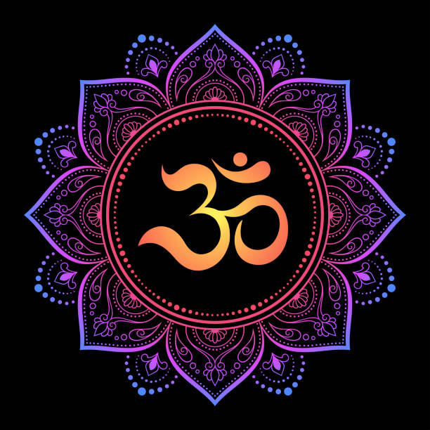 Color Circular pattern in form of mandala with ancient Hindu mantra OM and lotus flower for Henna, Mehndi, decoration. Decorative ornament in oriental style. Rainbow design on black background. Color Circular pattern in form of mandala with ancient Hindu mantra OM and lotus flower for Henna, Mehndi, decoration. Decorative ornament in oriental style. Rainbow design on black background. om symbol stock illustrations