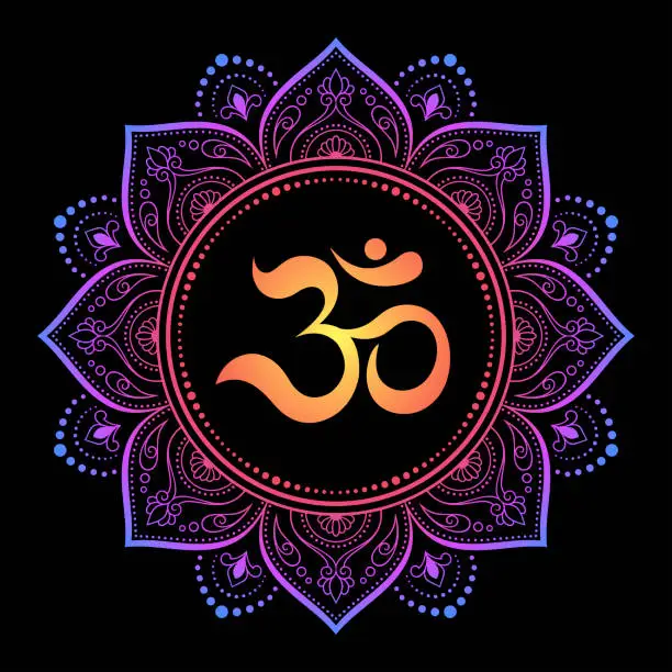 Vector illustration of Color Circular pattern in form of mandala with ancient Hindu mantra OM and lotus flower for Henna, Mehndi, decoration. Decorative ornament in oriental style. Rainbow design on black background.