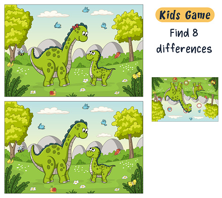 Find 8 differences. Funny cartoon quiz for kids, with solution. Vector illustration with separate layers.