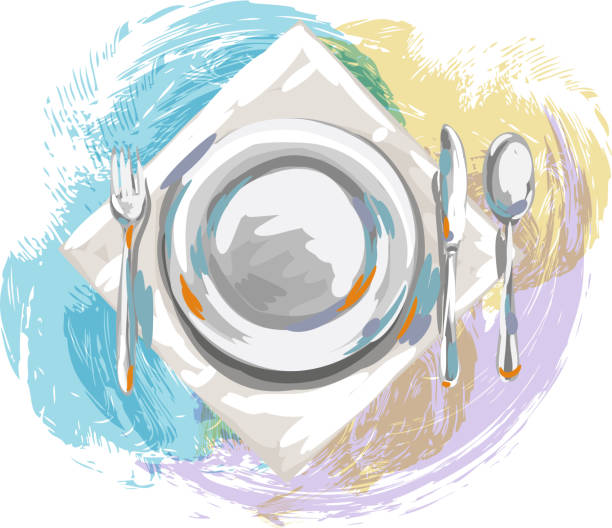 ustawianie miejsca rysowania - fork place setting silverware plate stock illustrations