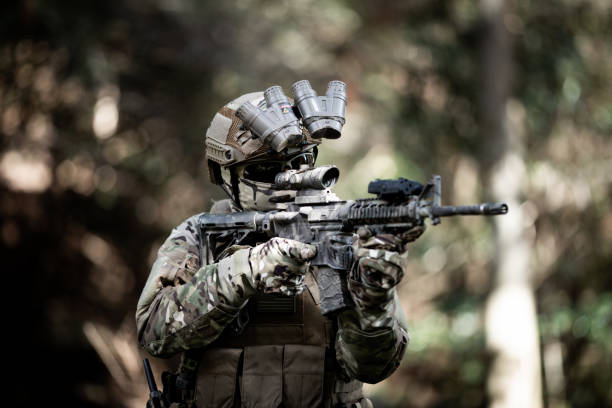 istock Tactical jungle Military hunter camouflaged 1197769343