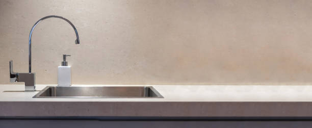 istock Kitchen sink and water tap banner, copy space, front view. 1197771873