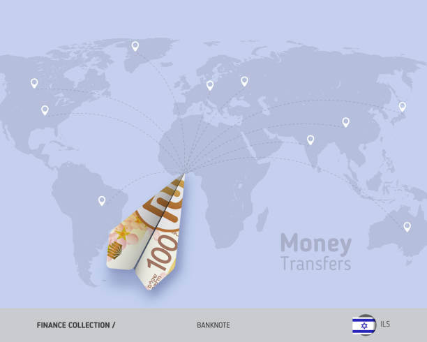 Money transfer around the world. 100 Israeli New Shekel paper plane. Flat style vector illustration. Banknotes israeli coin stock illustrations