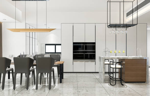 istock 3d rendering scandinavian vintage modern kitchen with dining area 1197776060