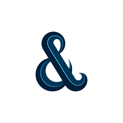 Ampersand logo calligraphic symbol in blue, design element for wedding cards