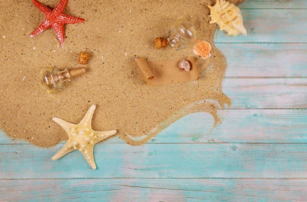 istock Vacation concept background with sand, shells and starfish. Papyrus from the glass bottle with cork. 1197776841