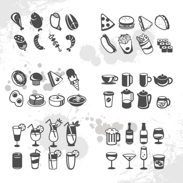 ilustraciones, imágenes clip art, dibujos animados e iconos de stock de iconos de alimentos y bebidas - shrimp cocktail