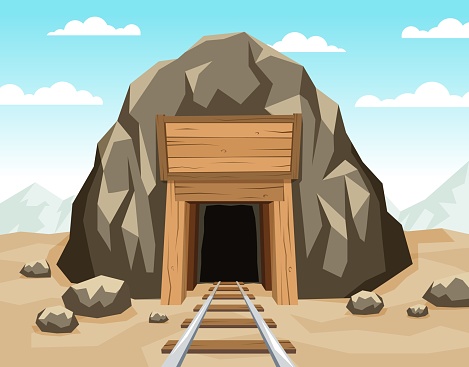 Gold mine entrance with rails in the rock. Tunnel shaft with wooden supports. Vector illustration.