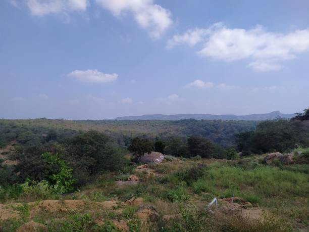 istock Long view of hill station with greenery and blue sky background 1197778253