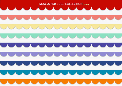 Set of colorful scallops stripes seamless repeat pattern geometric design on white background.