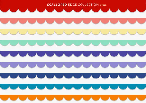 Vector illustration of Set of colorful scallops stripes seamless repeat pattern geometric design on white background.