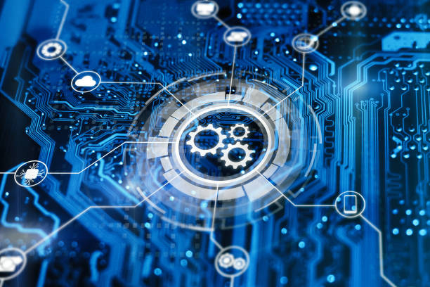 optimisation du flux de travail et de l'automatisation des processus industriels et d'affaires. développement de sofware pour la gestion de l'automatisation. engrenages sur écran virtuel. - industrial unit photos et images de collection