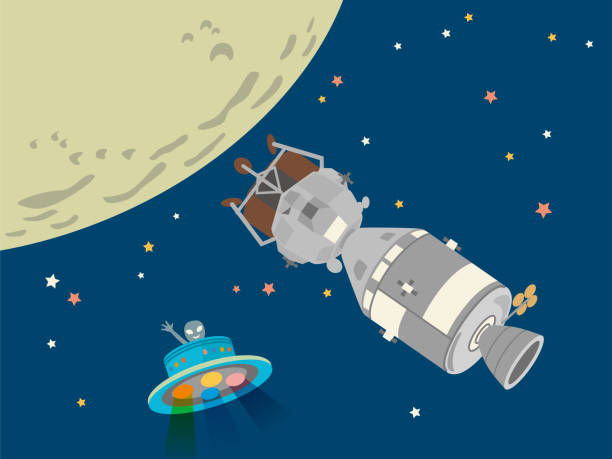 The spaceship Apollo 11. Lunar exploration. And UFO. The spaceship Apollo 11. Lunar exploration. And UFO. Vector illustration. apollo 11 stock illustrations