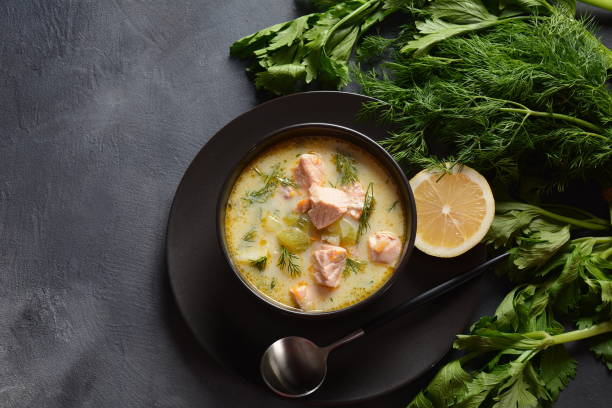 istock Creamy fish soup with salmon 1197782945