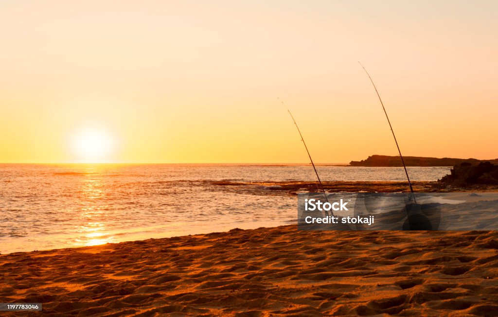 Two Fishing Rods Standing On A Beach On Sunset As A Concept Of Relax  Leisure Stock Photo - Download Image Now - iStock