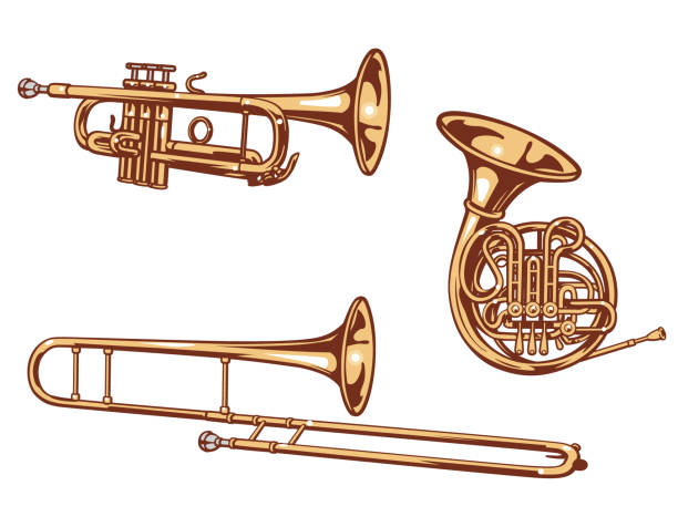 Trumpet, horn and trombone Trumpet, horn and trombone. Brass set of vector illustration. brass instrument stock illustrations