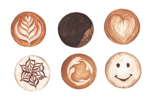 ilustrações, clipart, desenhos animados e ícones de vista superior da espuma quente da arte do latte do cappuccino do café. ilustração da aquarela. - latté coffee coffee shop art