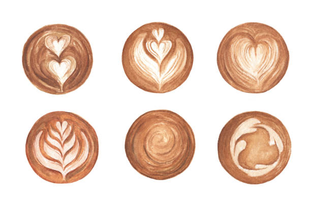 ilustrações, clipart, desenhos animados e ícones de vista superior da espuma quente da arte do latte do cappuccino do café. ilustração da aquarela. - latté coffee coffee shop art