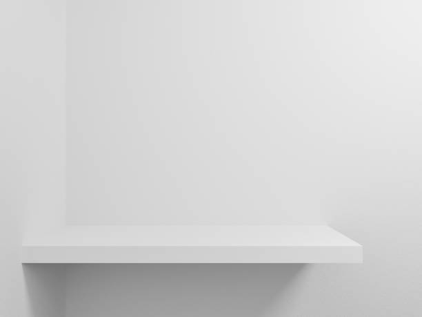 istock Empty retail shop shelf isolated on gray vintage background template for mock up concept. White bookshelf hanging on wall texture in bookstore. 3d rendering design for display product object. 1197787361