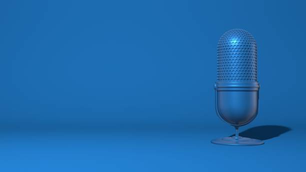 istock Modern microphone for a stream, video blogger. Stylish minimal abstract horizontal scene, place for text. Trendy classic blue color. 3D rendering 1197788840